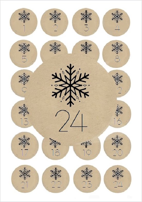 Kraft advent stickers sneeuwvlok 4cm - 48 stickers - 2 vellen | adventskalender maken | kerst cadeau | etiketten sluitzegel cadeau