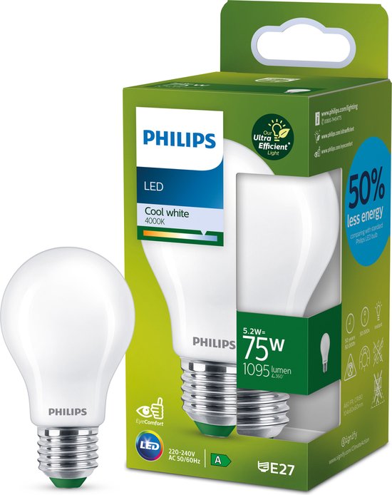 Lampe LED Philips Ultra Efficient - 75W - E27 - lumière blanc froid
