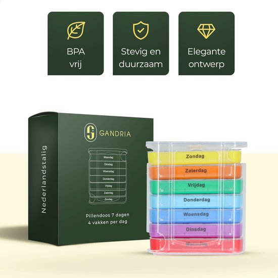 Gandria Pilulier 7 Jours - Pilulier Amovible - Boîte à Médicaments Empilable avec 28 Compartiments - Boîte à Médicaments avec Fermeture Robuste - 4 Compartiments par Jour - 7 Couleurs
