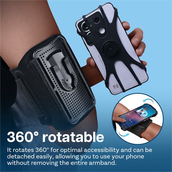 Een sportarmband om de arm met een telefoon die 360° draaibaar is. Twee ronde inzetstukken tonen het mechanisme.