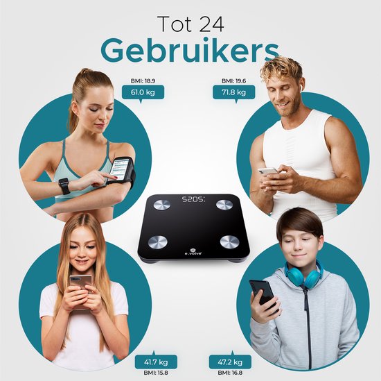 e.volve S5x Weegschaal Personenweegschaal Digitaal - Slimme Weegschaal met 20x Lichaamsanalyse - Digitale Weegschaal - Incl. App - Zwart
