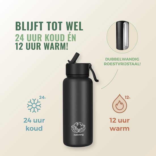 Bouteille isotherme Itstrong® avec paille - Gourde 700 ml - Gourde avec bouchon Extra - Bouteille isotherme - Acier inoxydable à double paroi - Anti-fuite - Zwart