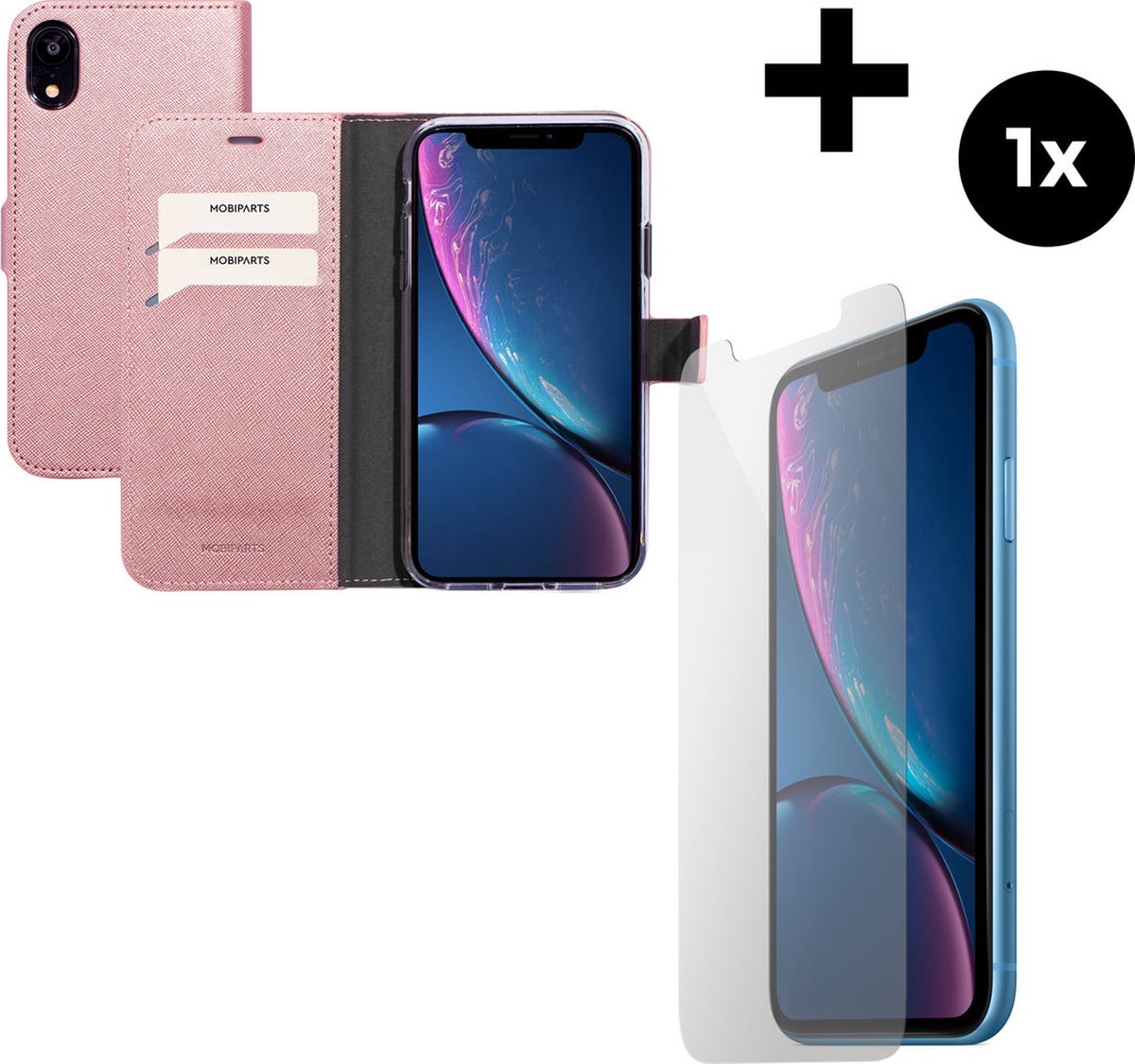 Mobiparts Saffiano Wallet hoesje geschikt voor Apple iPhone XR met 1 Screenprotector van Gehard Glas - Roze