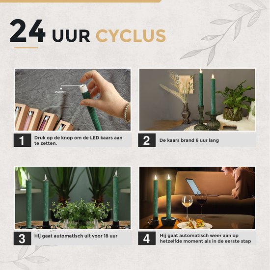 Instructies voor 24-uurs cyclus LED-kaarsen: aanzetten, 6 uur branden, 18 uur uit, automatisch aan op zelfde moment.
