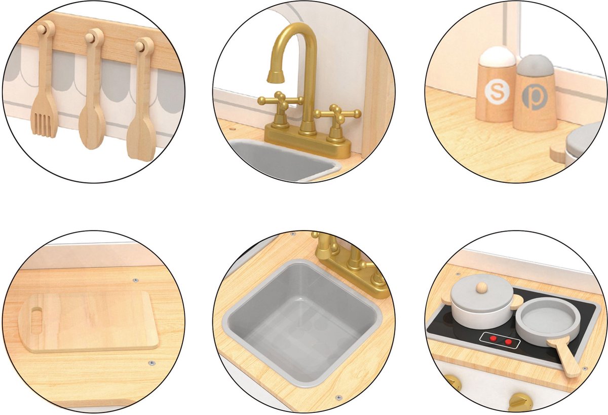 Mamabrum Houten kinderkeuken 3+ interactieve hoekkeuken groot fornuis met accessoires keukenset met koelkast magnetron oven wasmachine en pannen