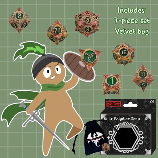 Lapi Toys Polydice Set verpakking, 7-delige dobbelstenenset, fluwelen zakje en een getekend personage met wapen.