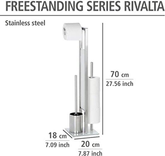 Vrijstaande Rivalta toiletgarnituur in RVS, 70 cm hoog, 18 cm breed, 20 cm diep, met toiletborstel, toiletrolhouder en reserve rolhouder.