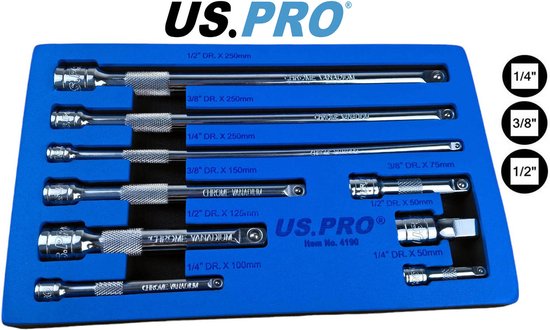 Extension à cliquet complète / Jeu d'extensions de douilles avec rallonges 1/4" - 3/8" et 1/2" dans un insert en mousse 9 pièces