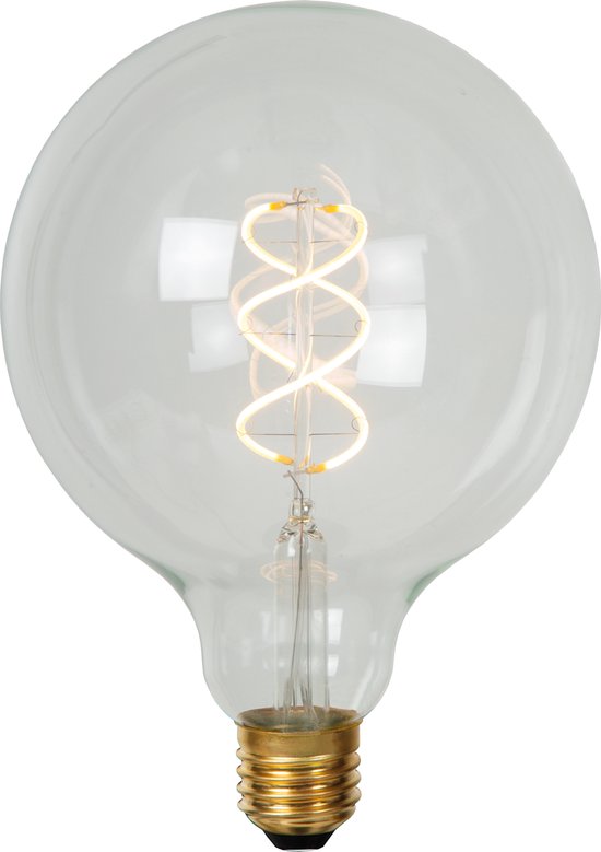 Gloeilamp G125 met spiraalvormig filament en gouden fitting.