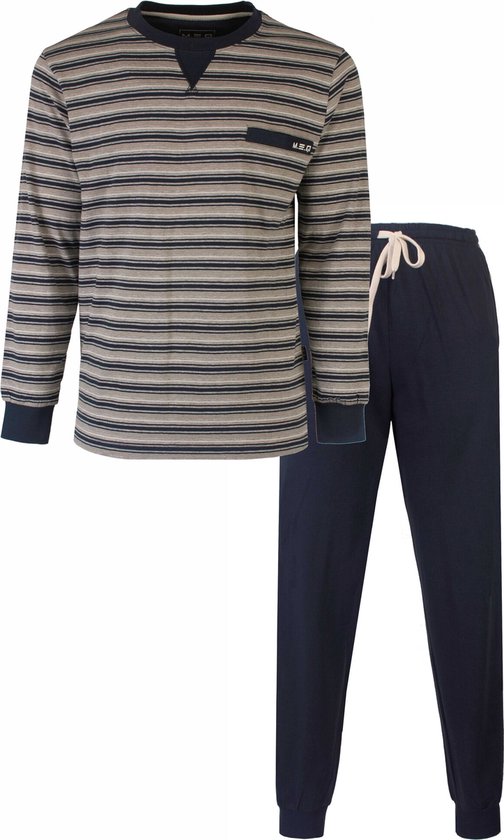 MEQ Heren Pyjama - Gestreept Dessin - Katoen - Navy Blauw - Maat XL