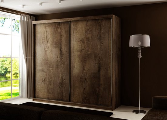 Armoire - Armoire de rangement - Miroir - Garde-robes Chambre - Armoire à Vêtements - Tringle - Étagères- Armoire à portes coulissantes - Amo Chêne 200 cm