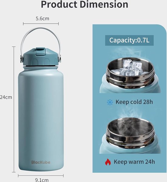 Geïsoleerde Waterfles Grsta Thermosfles, 1 Liter, Thermosfles Met Rietje, Roestvrij Staal, BPA- Vrij, Dubbelwandig, Voor Sport, Camping, Fietsen, Yoga Lekvrije Waterfles