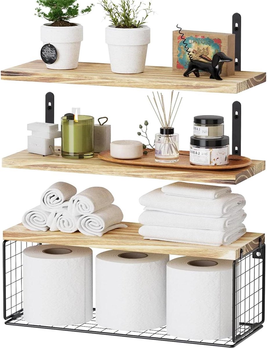 Set van 3 drijvende houten wandplanken met draadmand voor slaapkamer-badkamer-woonkamer-keuken-wasruimte