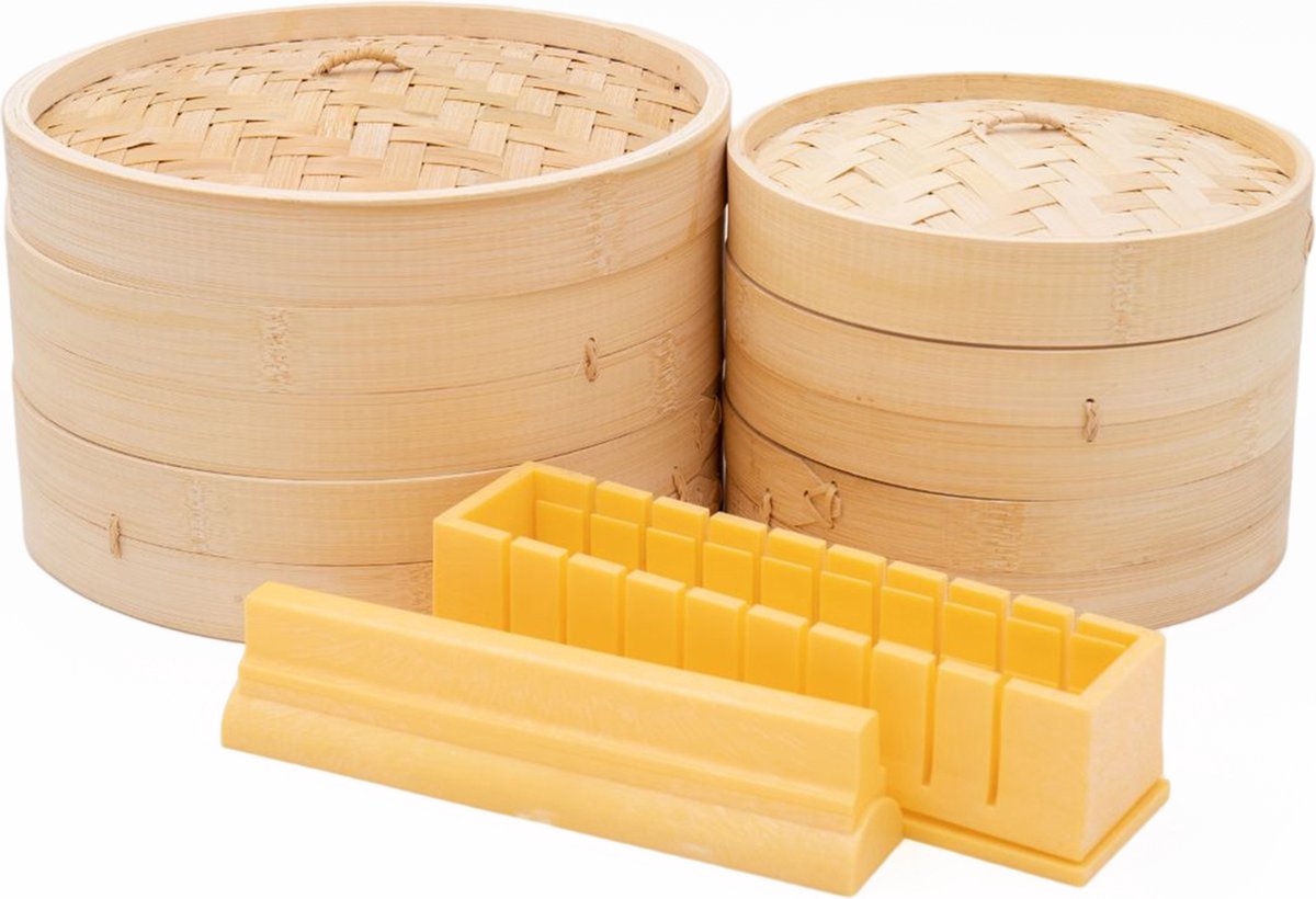 KitchenCraft 3-delige Oosterse Kookset met 2-Tier Medium Bamboe Stomer 2-Tier Grote Bamboe Stomer en Sushi Maker