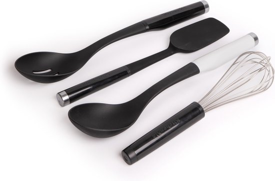 Ensemble d'ustensiles de cuisine noir onyx 4 pièces comprenant une cuillère, une écumoire, un fouet et une louche