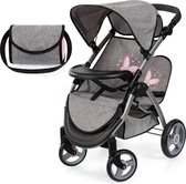 Bol.com Tweeling poppenwagen Twin Xeo dubbele poppenwagen verstelbare duwstang tas in jeans-grijs roze aanbieding