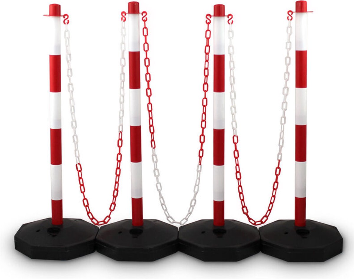 BITUXX - Kettingpaal - Afzetpaal - 4 stuks - Incl. 3x 1,50m ketting - Rood/Wit