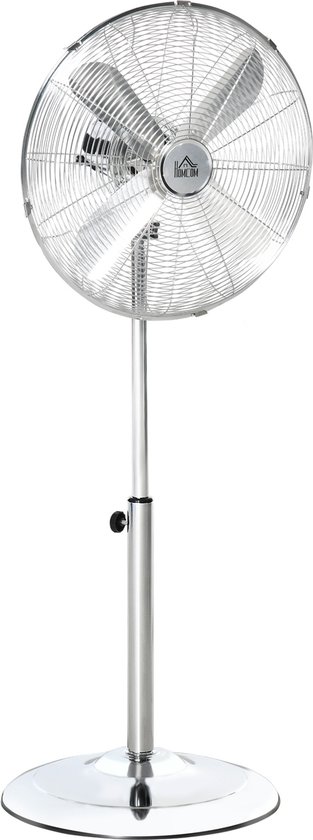 Staande ventilator HOMCOM verstelbaar 87-120 cm, 3 snelheden, 70° draaibaar, 10° kantelbaar, zilver staal