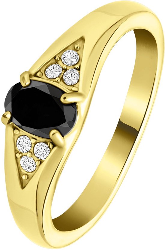 Bague dorée avec un zircon noir et quatre diamants disposés en triangle.