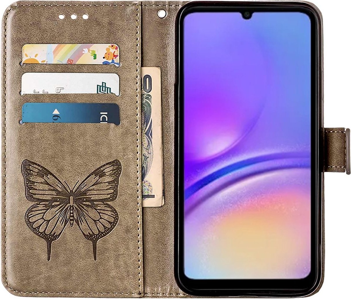 Mobigear Telefoonhoesje geschikt voor Samsung Galaxy A05 Hoesje | Mobigear Butterfly Bookcase Portemonnee | Pasjeshouder voor 3 Pasjes | Telefoonhoesje voor Pinpas / OV Kaart / Rijbewijs - Grijs