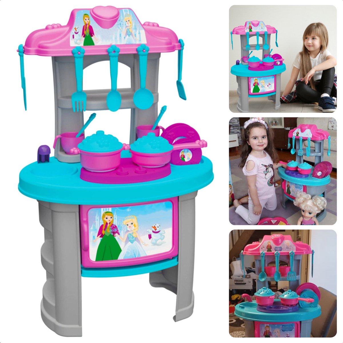 Cheqo Kinderkeuken Speelgoed Set Kunststof Speelkeuken met 25 Accessoires Prinsessen Keuken Speelgoed Keukengerei 45x28x70cm