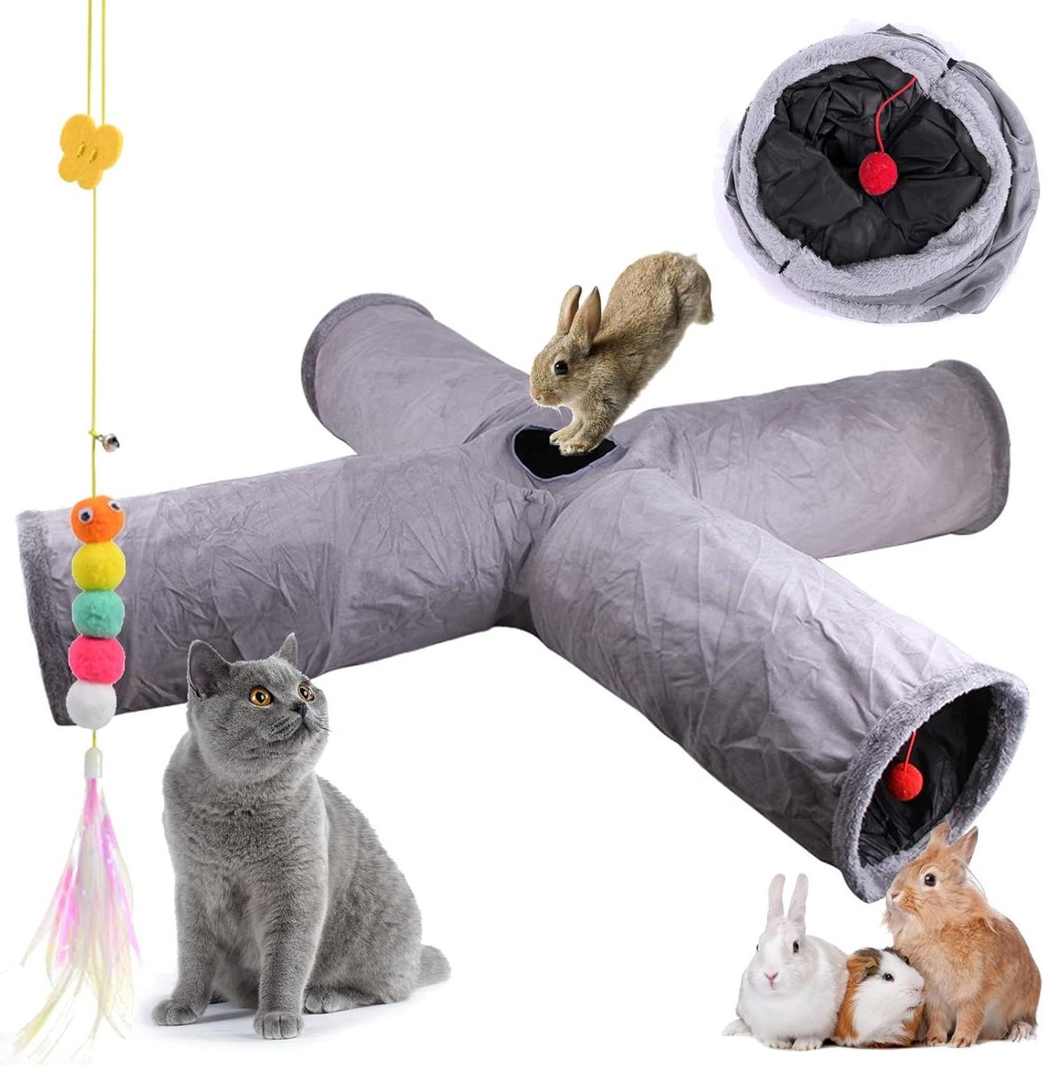 Opvouwbare kattentunnel – speeltunnel met bal en knispergeluid – XL grijs