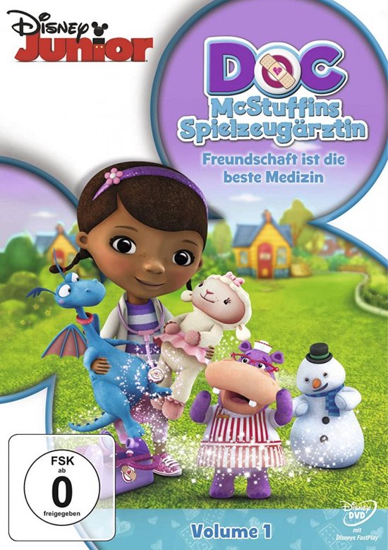DVD-hoes met Dottie McStuffins die Lambi, Hallie en Stuffy vasthoudt, met een sneeuwpop. Titel: Doc Mcstuffins Spielzeugärztin - Volume 1.