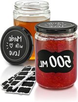 Pots à confiture avec couvercle - Pots de conservation - 500 ml - Couvercle à vis - Étiquettes & stylo - Hermétique - Passe au lave-vaisselle - Pots à confiture cadeaux avec couvercle