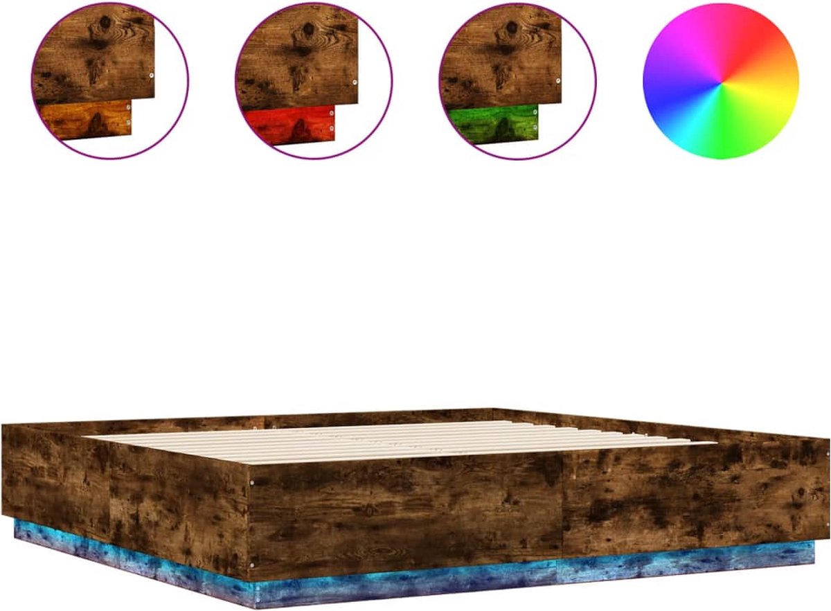 vidaXL Bedframe - met - LED-verlichting - gerookt - eikenkleurig - 200x200 - cm