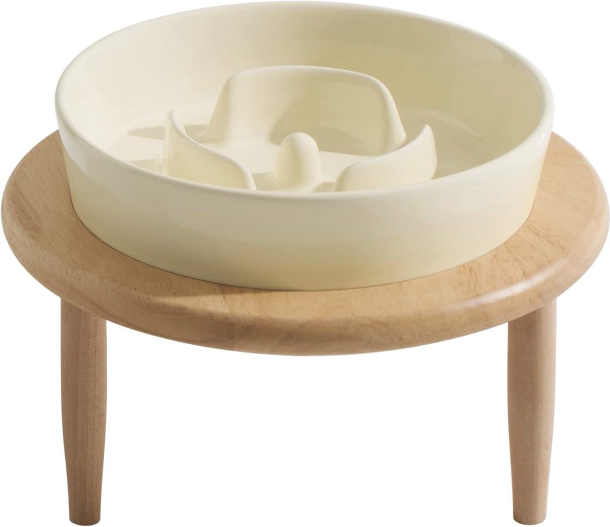 Slow Dog Feeder for Small Dogs - Ceramic Slow Dog Food Bowl - Small Slow Dog Water Bowl - Stop Bloat Prevent Choking - Cream White + Stand - 15.5cm