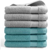 DoubleDry Hotel Handdoeken 50 x 100 cm – Set van 6 – 100% Katoen 500 g/m2 – Zacht & Absorberend - 3x Lichtgrijs + 3x Denimblauw