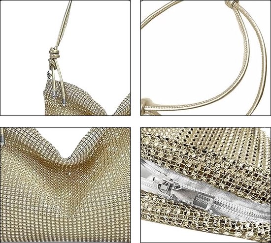 Gedetailleerde weergave van een gouden metallic clutch: de goudkleurige band, de textuur en de ritssluiting.