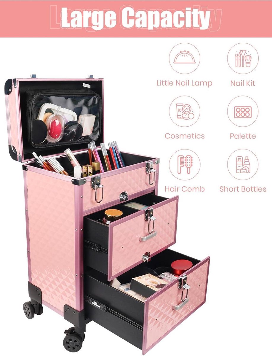 Goedkoopste Professionele make-up treinkoffer - aluminium cosmetische koffer - rollende make-up koffer - extra groot - trolley nagelstyliste koffer