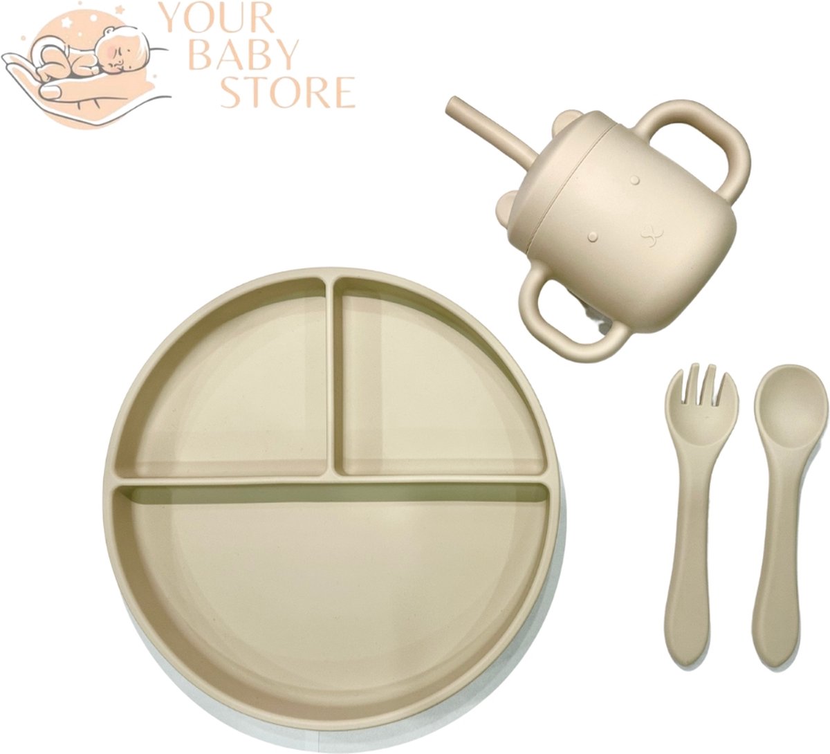 Goedkoopste BabyHap set - 3 delig bord - bestek - drinkbeker - Beige - siliconen - YOURBABYSTORE