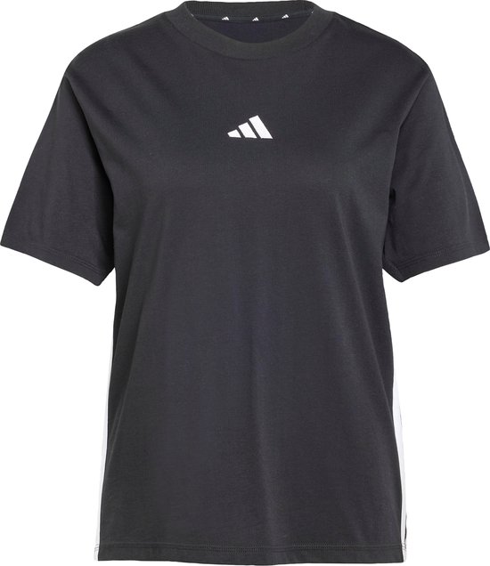 Zwarte dames t-shirt met korte mouwen, Adidas logo op borst en strepen op de zijkant.
