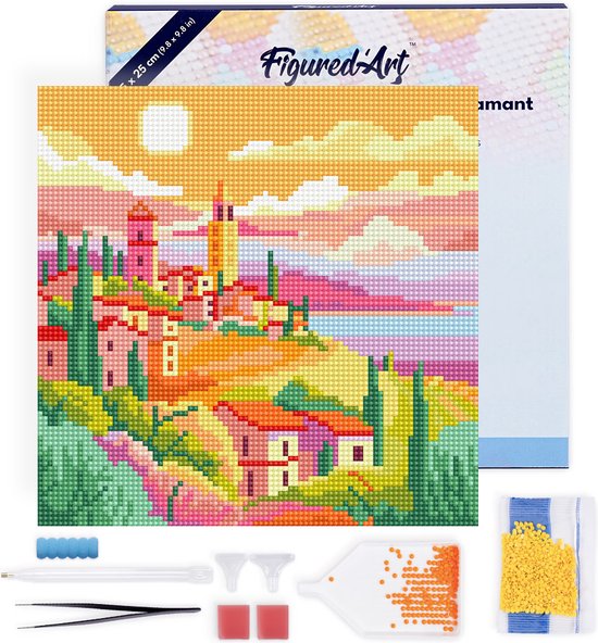 Figured'Art Mini Diamond Painting set Volwassenen 25x25 cm met lijst Toscaanse Lente - 5D DIY Art full drill ronde diamant - Canvas al ingelijst