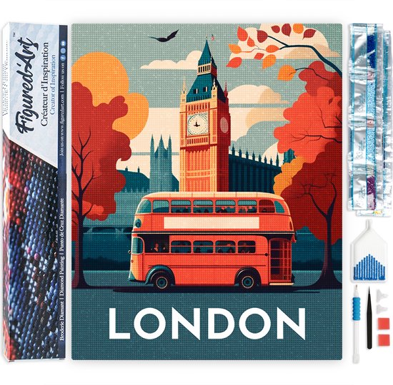 Figured'Art Diamond Painting set Volwassenen 40x50 cm Reisposter Londen - 5D DIY Art full drill vierkante diamant - Opgerold canvas