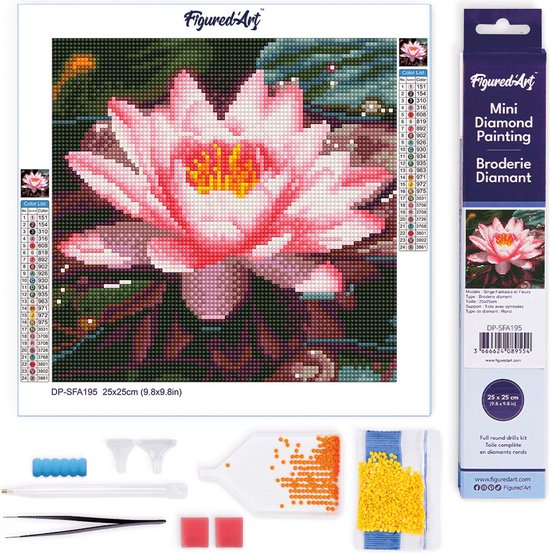 Figured' Art Mini Peinture de diamants Set Adultes 25x25 cm Nénuphar Rose - 5D DIY Art Foret Complet Diamant Rond - Toile roulée