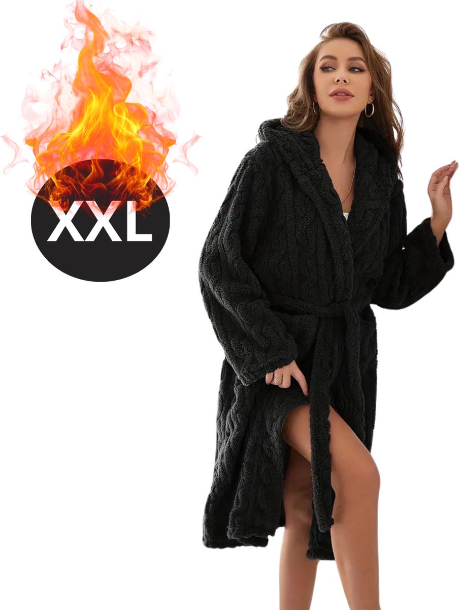 Livano Badjas Dames - Fleece - Katoen - Badstof - Sauna - Hamam - Wafel - Bathrobe - Duster - Ochtendjas - Kimono - Spa - Zwart