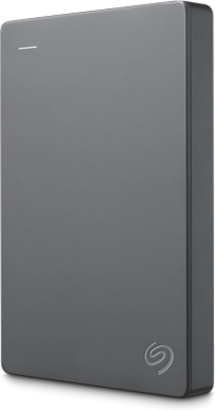 Grijze Seagate Basic portable harde schijf, rechtopstaand, met het Seagate logo.