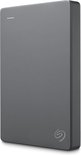 Grijze Seagate Basic portable harde schijf, rechtopstaand, met het Seagate logo.