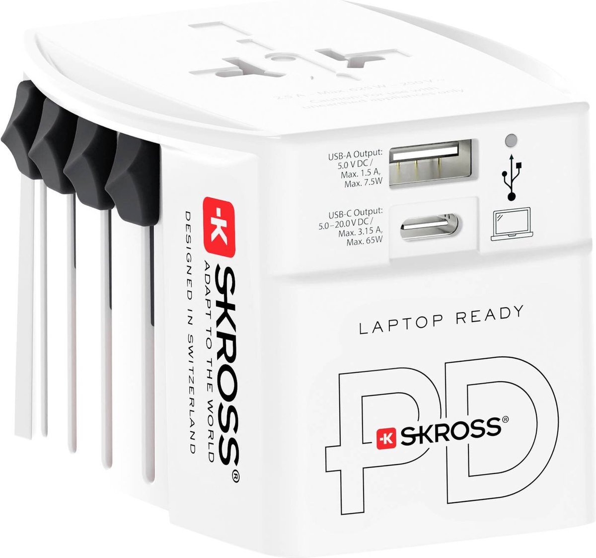 Skross - Wereldreisadapter MUV PRO 2-polig + 1 USB Snellader + 1 Type C 3250 mA Wit