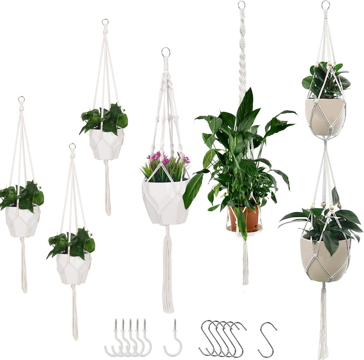 Set van 6 Bohemian Plantenhangers Handgemaakte Macramé Katoenen Plantmanden