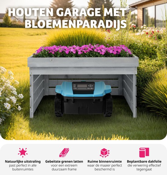 tectake® Garage pour robot tondeuse | Logement en bois avec toit vert, jardinière, bac à fleurs | Rangement de jardin pour tondeuse à gazon | Résistant aux intempéries et aux UV