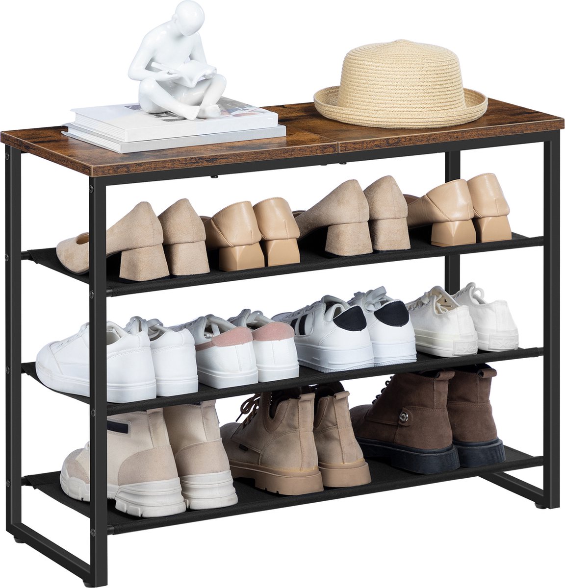 Schoenenrek 3 Lagen – Industrieel Schoenenkast – Hout & Metaal – 75×29×59cm – Zwart/Bruin – Sitpin – IN.HOMEXL
