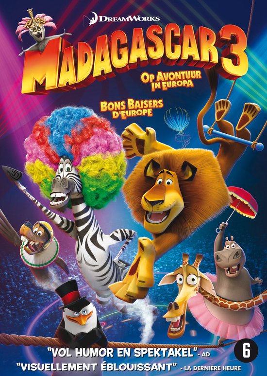 De personages van Madagascar 3: Bons Baisers d'Europe, met Alex de leeuw, Marty de zebra met pruik, en Gloria het nijlpaard in tutu.