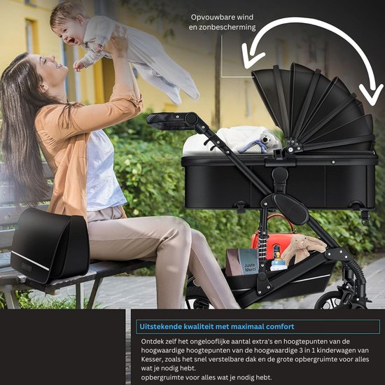 Luxe Kinderwagen 3 in 1 - Wandelwagen Baby - Kinderwagen Inclusief Autostoeltje - Buggy met Wieg - Ultra Black van LUXE. — afbeelding 4