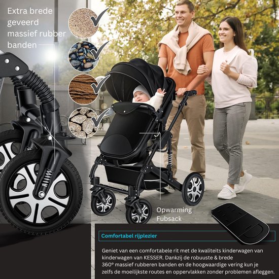 Luxe Kinderwagen 3 in 1 - Wandelwagen Baby - Kinderwagen Inclusief Autostoeltje - Buggy met Wieg - Ultra Black van LUXE. — afbeelding 2