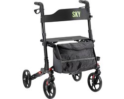 Sky - Lichtgewicht rollator - Zwart - Dubbel opvouwbaar - Met stokhouder, tas en rugband