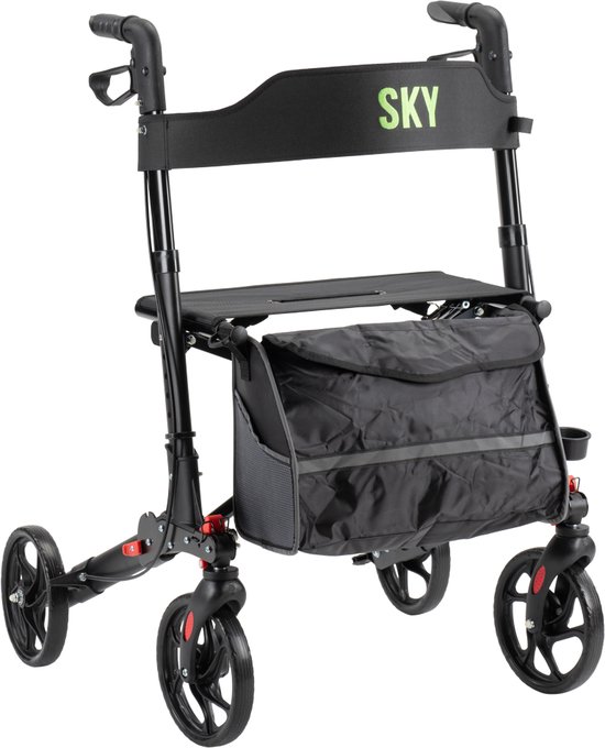 Foto: Sky lichtgewicht rollator zwart dubbel opvouwbaar met stokhouder tas en rugband